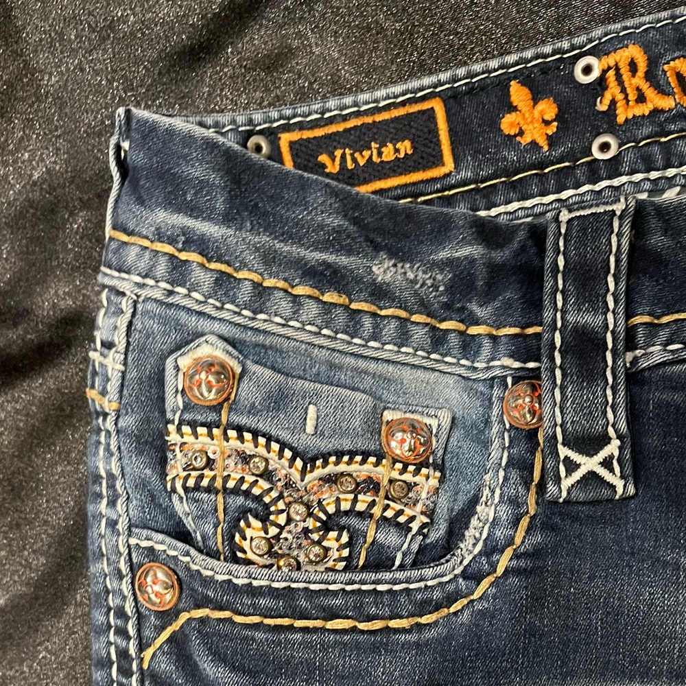 Rock Revival Women's Boot Cut Jeans - Dark Blue with Orange Stitching